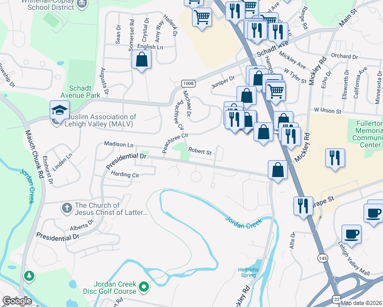 map of restaurants, bars, coffee shops, grocery stores, and more near 1416 Presidential Drive in Fullerton