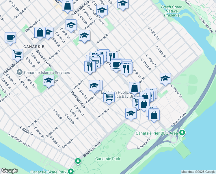map of restaurants, bars, coffee shops, grocery stores, and more near 1530 East 95th Street in Brooklyn