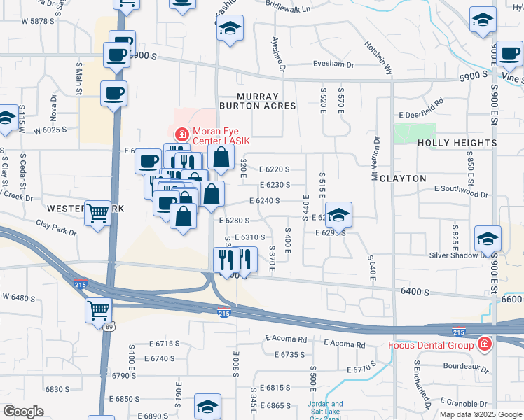 map of restaurants, bars, coffee shops, grocery stores, and more near 6259 South 340 East in Murray