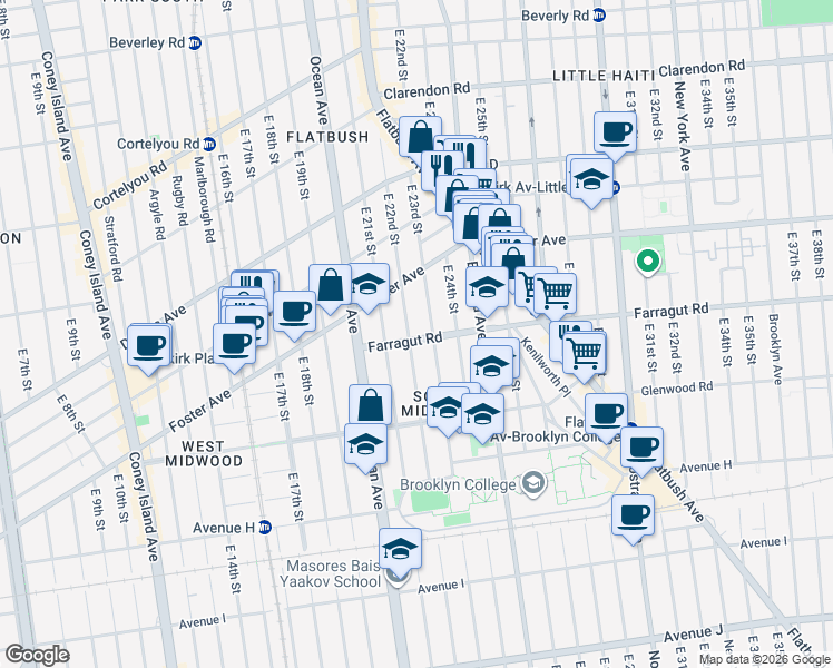 map of restaurants, bars, coffee shops, grocery stores, and more near 709 East 22nd Street in Brooklyn