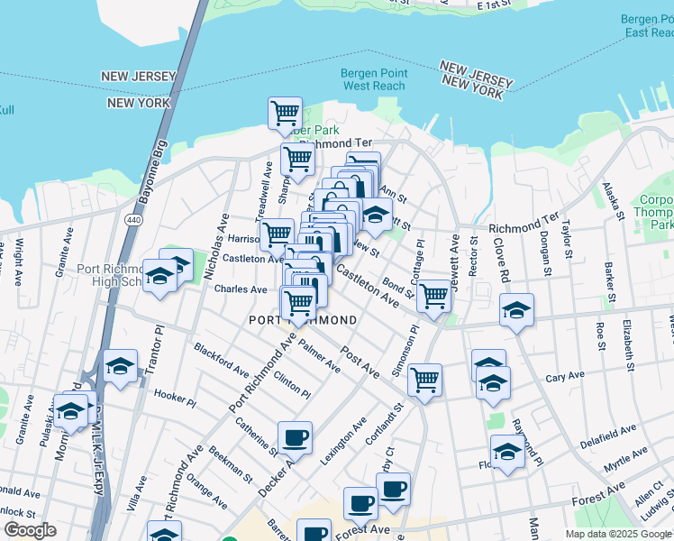 map of restaurants, bars, coffee shops, grocery stores, and more near 1546 Castleton Avenue in Staten Island