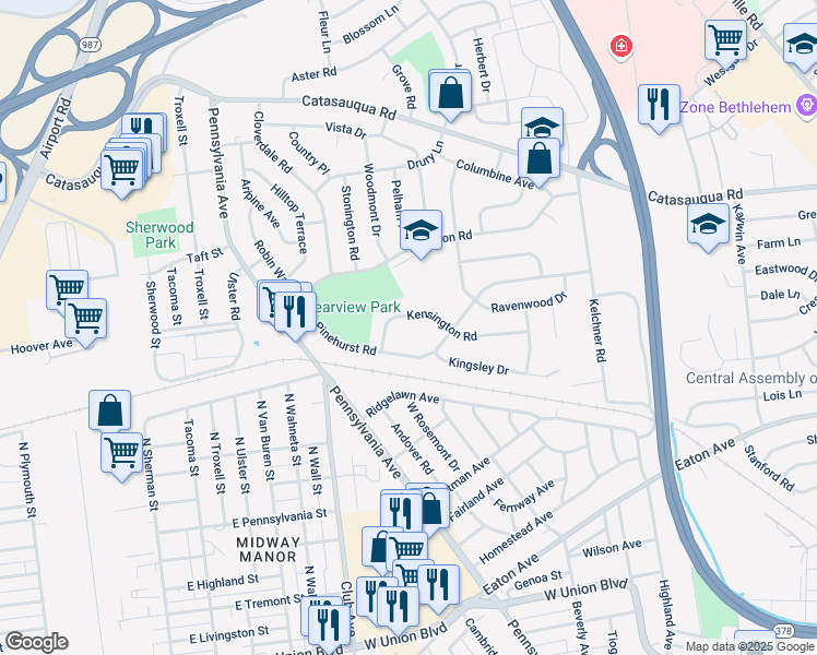 map of restaurants, bars, coffee shops, grocery stores, and more near 2150 Pinehurst Road in Bethlehem