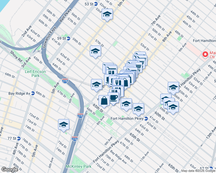 map of restaurants, bars, coffee shops, grocery stores, and more near 752 61st Street in Brooklyn