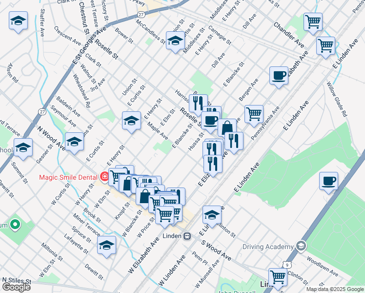map of restaurants, bars, coffee shops, grocery stores, and more near 409 Hussa Street in Linden