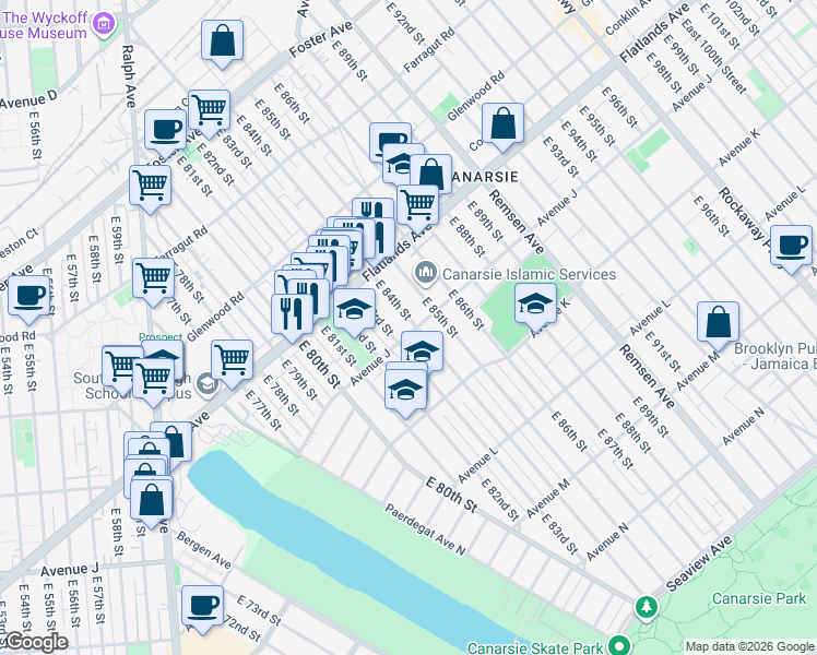 map of restaurants, bars, coffee shops, grocery stores, and more near 8218 Avenue J in Brooklyn