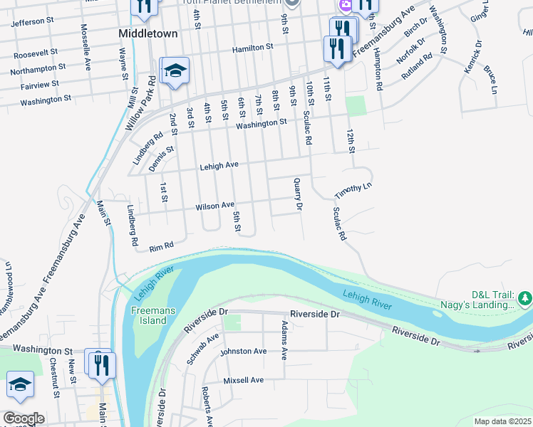 map of restaurants, bars, coffee shops, grocery stores, and more near 1440 6th Street in Bethlehem