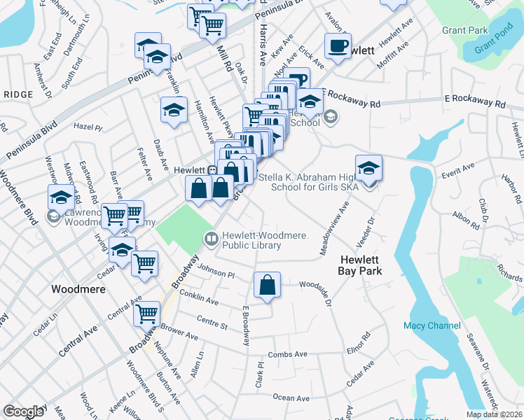 map of restaurants, bars, coffee shops, grocery stores, and more near 8 Franklin Ave in Hewlett