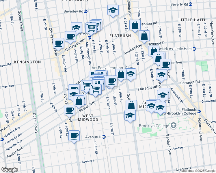 map of restaurants, bars, coffee shops, grocery stores, and more near 611 East 17th Street in Brooklyn