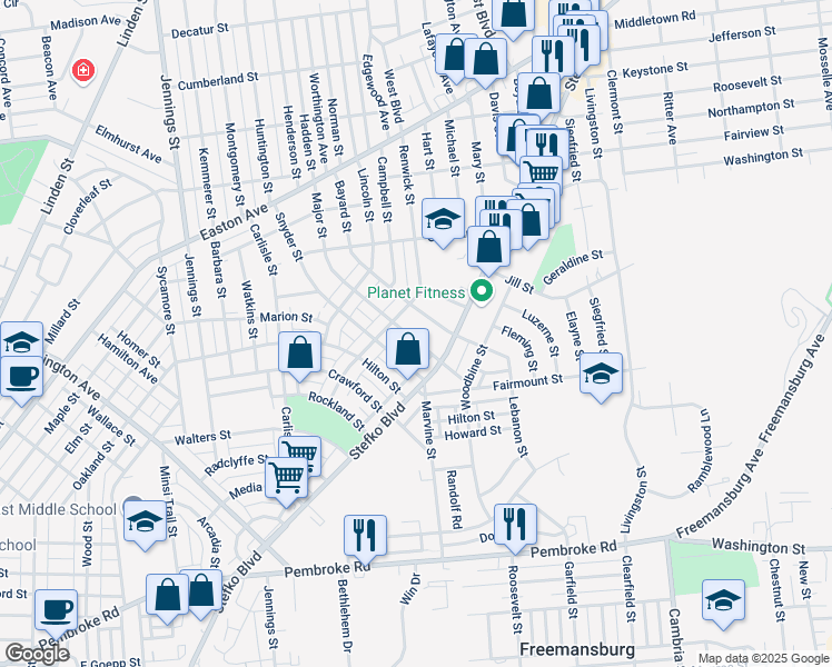 map of restaurants, bars, coffee shops, grocery stores, and more near 1638 Major Street in Bethlehem