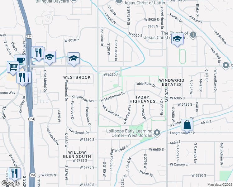 map of restaurants, bars, coffee shops, grocery stores, and more near 3052 West Matterhorn Drive in West Jordan