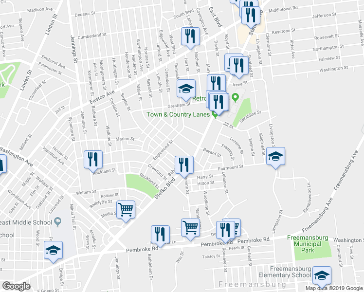 map of restaurants, bars, coffee shops, grocery stores, and more near 1615 Englewood Street in Bethlehem