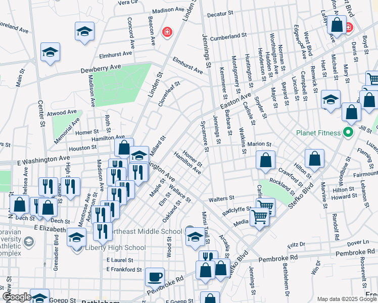 map of restaurants, bars, coffee shops, grocery stores, and more near 1718 Maple Street in Bethlehem