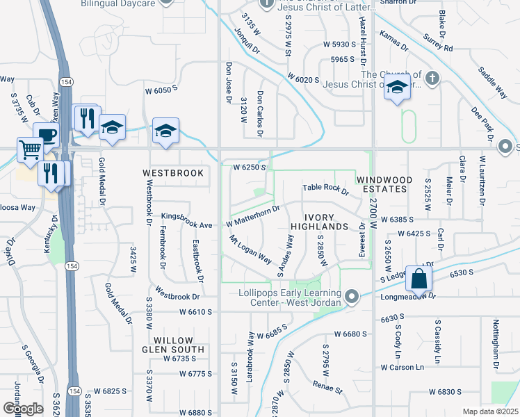 map of restaurants, bars, coffee shops, grocery stores, and more near 3052 West Matterhorn Drive in West Jordan