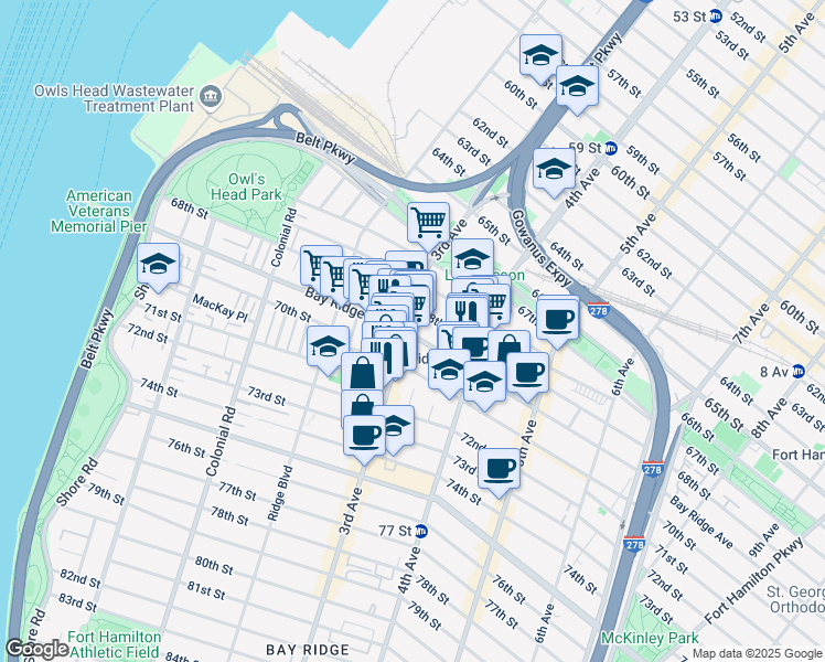 map of restaurants, bars, coffee shops, grocery stores, and more near 303 Bay Ridge Avenue in Brooklyn