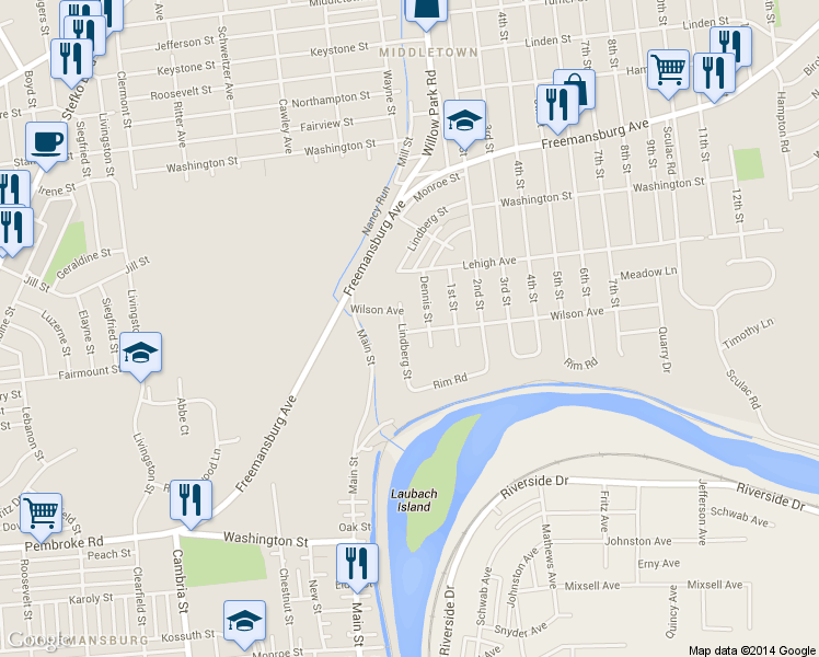 map of restaurants, bars, coffee shops, grocery stores, and more near 1502 Lindberg Street in Bethlehem
