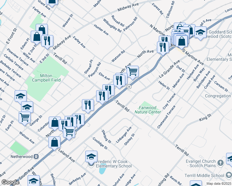 map of restaurants, bars, coffee shops, grocery stores, and more near 15 South Avenue in Fanwood