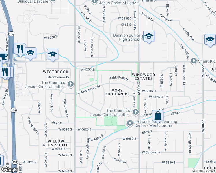 map of restaurants, bars, coffee shops, grocery stores, and more near 6313 Lake Fork Circle in West Jordan