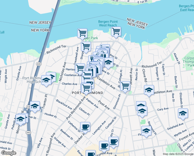 map of restaurants, bars, coffee shops, grocery stores, and more near 1544 Castleton Avenue in Staten Island