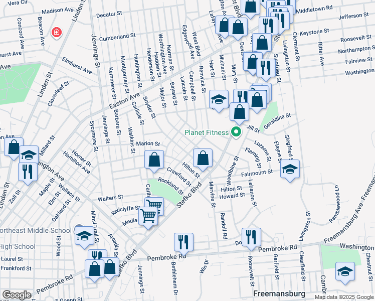 map of restaurants, bars, coffee shops, grocery stores, and more near 1735 Major Street in Bethlehem