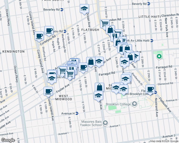map of restaurants, bars, coffee shops, grocery stores, and more near Foster Avenue & East 19th Street in Brooklyn