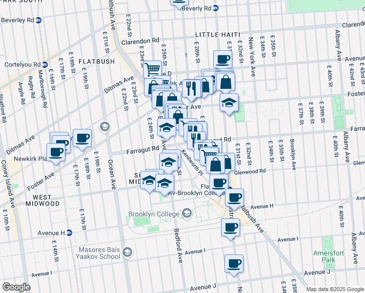 map of restaurants, bars, coffee shops, grocery stores, and more near 2604 Farragut Road in Brooklyn