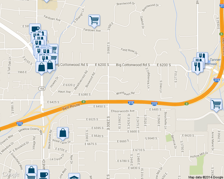 map of restaurants, bars, coffee shops, grocery stores, and more near 2321 Wrenhaven Road in Salt Lake City