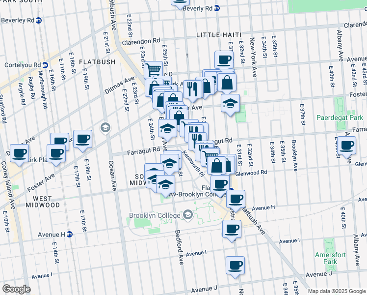 map of restaurants, bars, coffee shops, grocery stores, and more near 2604 Farragut Road in Brooklyn