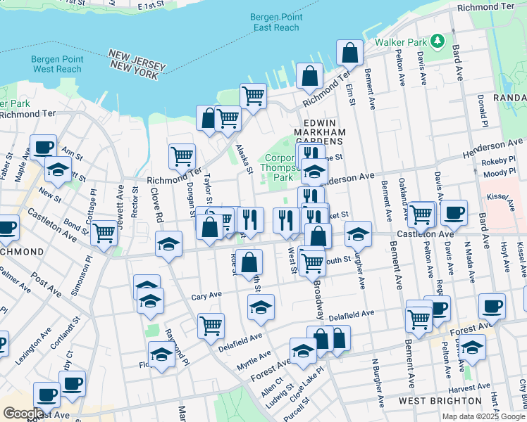 map of restaurants, bars, coffee shops, grocery stores, and more near 10 Henderson Avenue in Staten Island