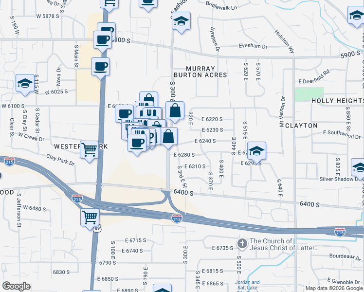 map of restaurants, bars, coffee shops, grocery stores, and more near 314 East 6230 South in Murray