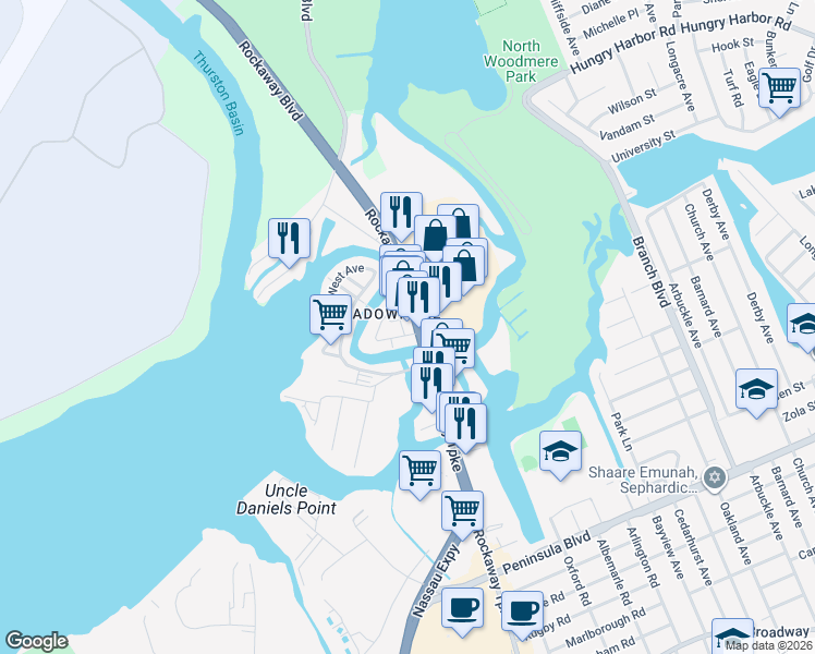map of restaurants, bars, coffee shops, grocery stores, and more near 1200 Rockaway Boulevard in Queens