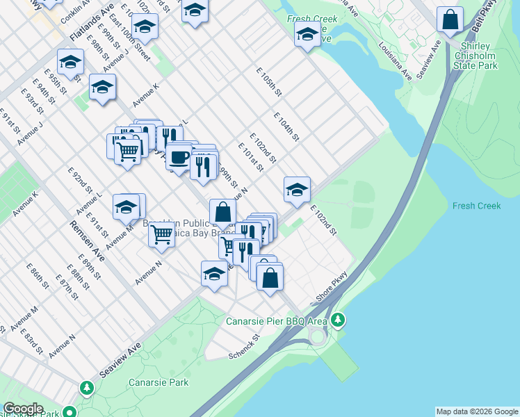 map of restaurants, bars, coffee shops, grocery stores, and more near 1427 East 100th Street in Brooklyn