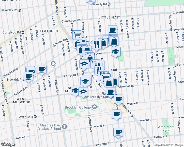 map of restaurants, bars, coffee shops, grocery stores, and more near 1401 Flatbush Avenue in Brooklyn