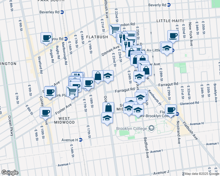 map of restaurants, bars, coffee shops, grocery stores, and more near 2020 Foster Avenue in Brooklyn