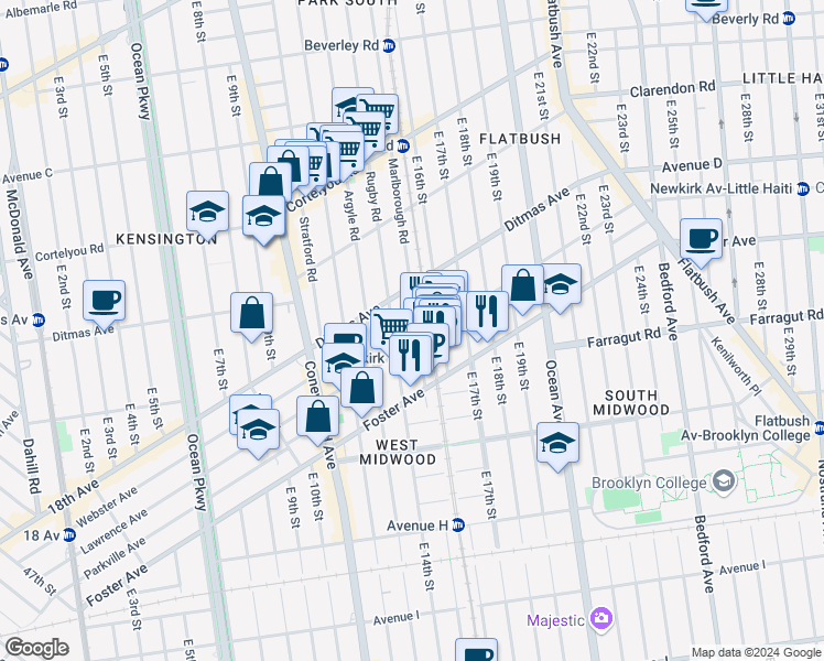 map of restaurants, bars, coffee shops, grocery stores, and more near 553 Marlborough Road in Brooklyn