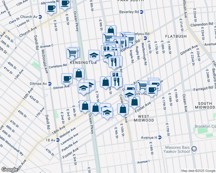 map of restaurants, bars, coffee shops, grocery stores, and more near 488 East 9th Street in Brooklyn