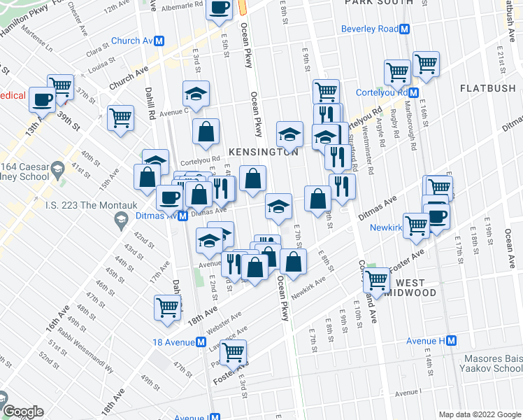 map of restaurants, bars, coffee shops, grocery stores, and more near 645 East 5th Street in Brooklyn
