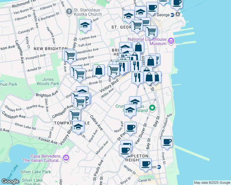 map of restaurants, bars, coffee shops, grocery stores, and more near 102 Tompkins Circle in Staten Island