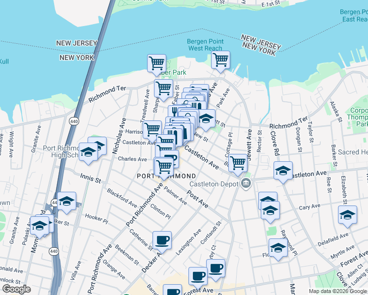 map of restaurants, bars, coffee shops, grocery stores, and more near None in Staten Island