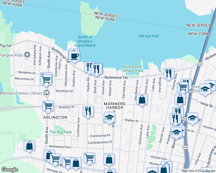 map of restaurants, bars, coffee shops, grocery stores, and more near 9 Dehart Avenue in Staten Island
