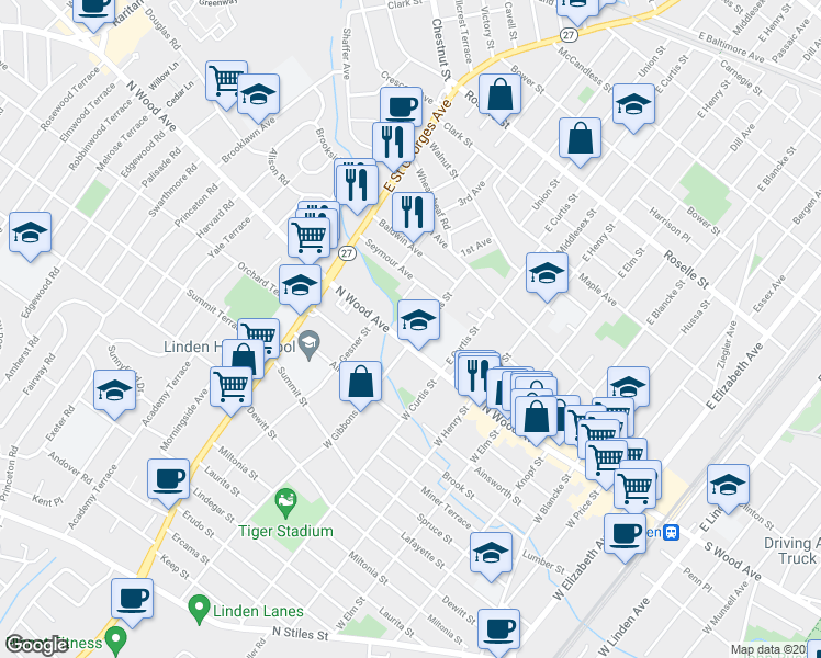 map of restaurants, bars, coffee shops, grocery stores, and more near 31 East Gibbons Street in Linden