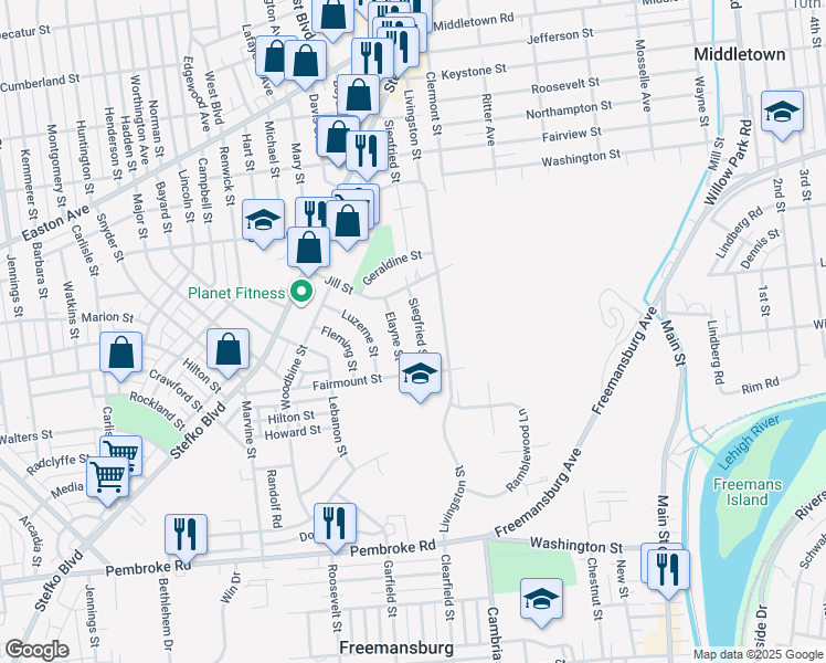 map of restaurants, bars, coffee shops, grocery stores, and more near 1570 Siegfried Street in Bethlehem