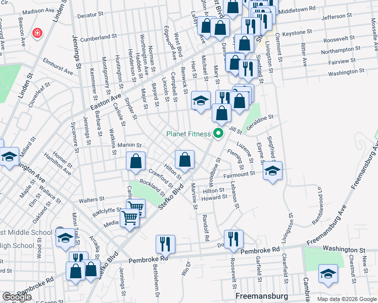 map of restaurants, bars, coffee shops, grocery stores, and more near 1615 Englewood Street in Bethlehem