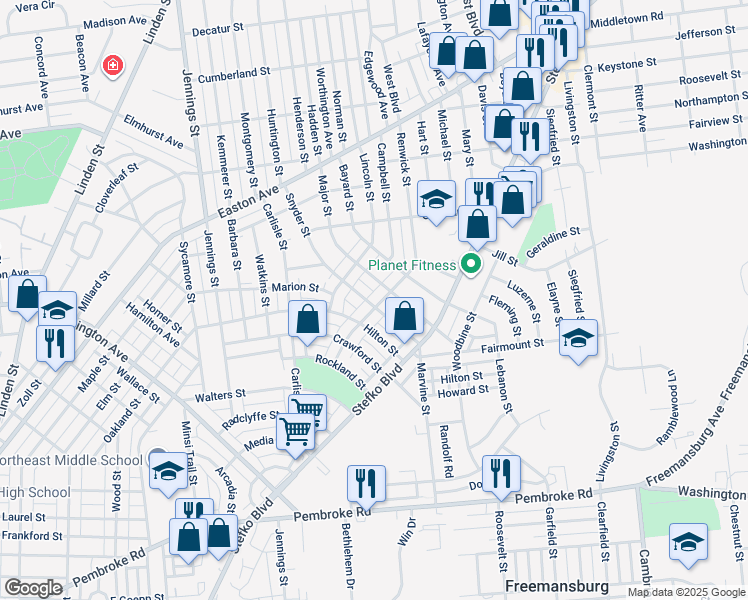 map of restaurants, bars, coffee shops, grocery stores, and more near 1735 Major Street in Bethlehem