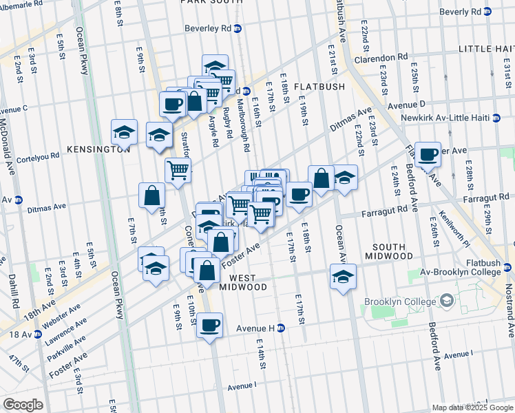 map of restaurants, bars, coffee shops, grocery stores, and more near 553 Marlborough Road in Brooklyn