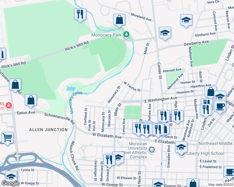 map of restaurants, bars, coffee shops, grocery stores, and more near 1612 Monocacy Street in Bethlehem