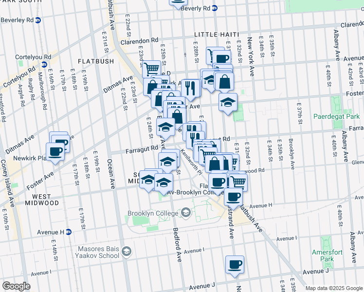 map of restaurants, bars, coffee shops, grocery stores, and more near 1 Kenilworth Place in Brooklyn