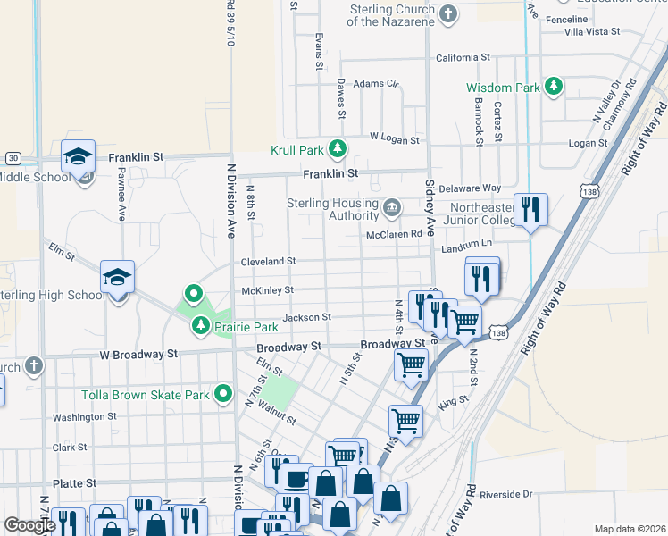 map of restaurants, bars, coffee shops, grocery stores, and more near 1106 North 6th Street in Sterling