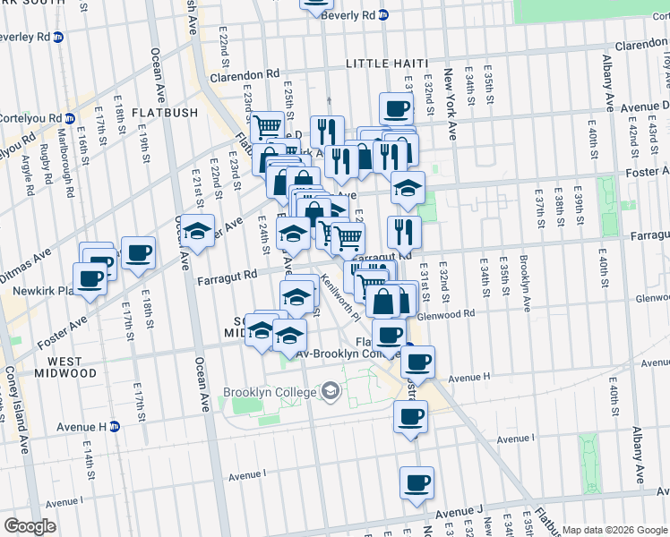 map of restaurants, bars, coffee shops, grocery stores, and more near 1401 Flatbush Avenue in Brooklyn