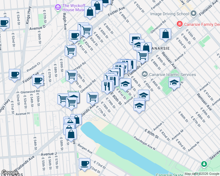 map of restaurants, bars, coffee shops, grocery stores, and more near 776 East 81st Street in Brooklyn