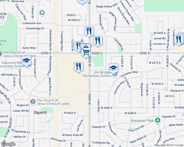 map of restaurants, bars, coffee shops, grocery stores, and more near 6354 Uyeda Court in West Jordan